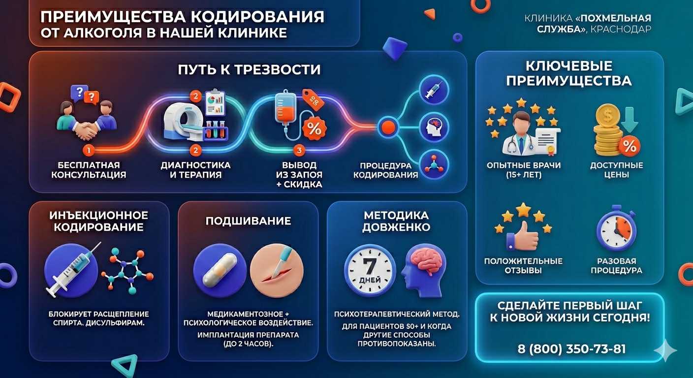 Инфографика о методах кодирования от алкоголя в Тюмени: инъекции, подшивание, метод Довженко. Преимущества клиники и этапы лечения.