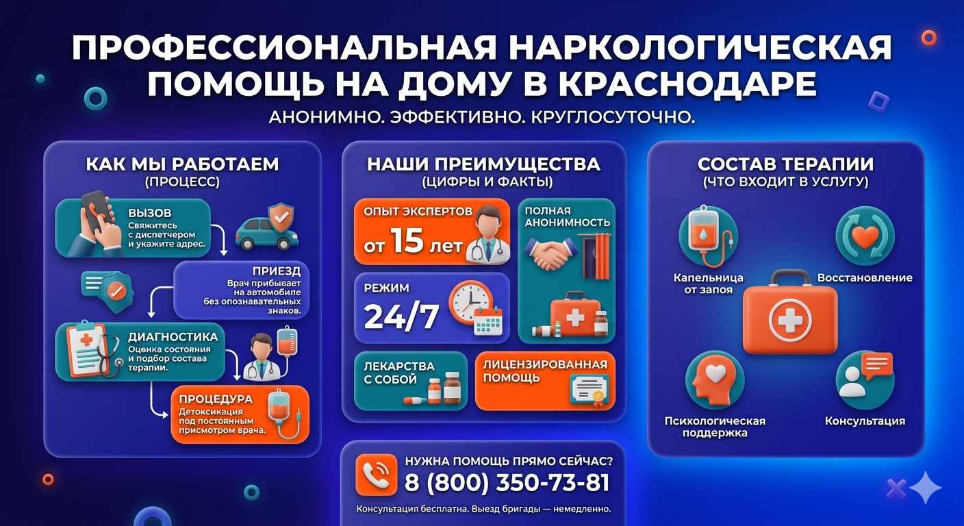 Инфографика о принципах лечения алкоголизма на дому в Тюмени: этапы вызова нарколога, преимущества анонимной детоксикации и состав медицинской помощи.